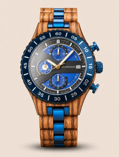 Norvik Ocean, reloj cronógrafo Woodenson de madera clara y detalles azules
